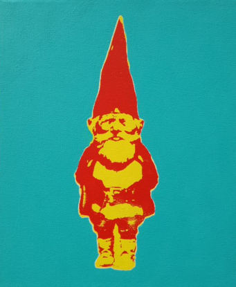 The painting depicts one half of the iconic cover illustration from the book "Gnomes" transformed into a 2 colour silkscreen stencil in Yellow and Vermillion on a Aqua Green/Blue Background.