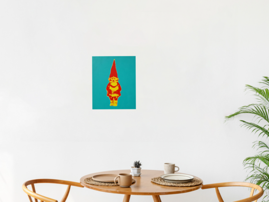 The painting depicts one half of the iconic cover illustration from the book "Gnomes" transformed into a 2 colour silkscreen stencil in Yellow and Vermillion on a Aqua Green/Blue Background.