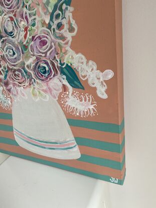 A quirky art piece that makes you smile. The semi abstract still life floral arrangement  in a vase is a gorgeous colour combo of blush pink and aqua. A stretched canvas painted with acrylics  and ink.  Sides of the canvas are painted. 