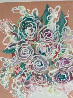 A quirky art piece that makes you smile. The semi abstract still life floral arrangement  in a vase is a gorgeous colour combo of blush pink and aqua. A stretched canvas painted with acrylics  and ink.  Sides of the canvas are painted. 