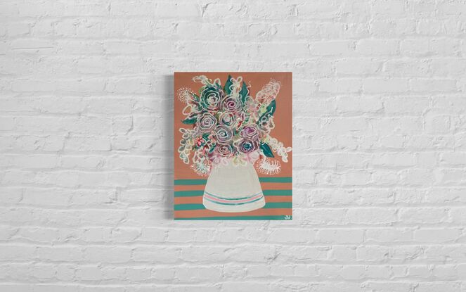 A quirky art piece that makes you smile. The semi abstract still life floral arrangement  in a vase is a gorgeous colour combo of blush pink and aqua. A stretched canvas painted with acrylics  and ink.  Sides of the canvas are painted. 