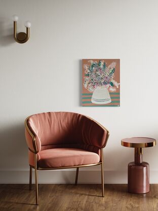 A quirky art piece that makes you smile. The semi abstract still life floral arrangement  in a vase is a gorgeous colour combo of blush pink and aqua. A stretched canvas painted with acrylics  and ink.  Sides of the canvas are painted. 