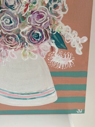 A quirky art piece that makes you smile. The semi abstract still life floral arrangement  in a vase is a gorgeous colour combo of blush pink and aqua. A stretched canvas painted with acrylics  and ink.  Sides of the canvas are painted. 