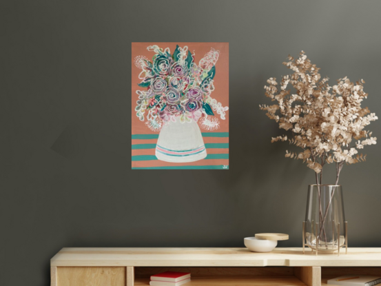 A quirky art piece that makes you smile. The semi abstract still life floral arrangement  in a vase is a gorgeous colour combo of blush pink and aqua. A stretched canvas painted with acrylics  and ink.  Sides of the canvas are painted. 