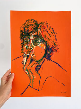 an impressionist sketch of John Lennon smoking a cigarette. Orange background with contrasting greens, blues and yellows. 