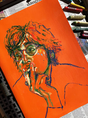 an impressionist sketch of John Lennon smoking a cigarette. Orange background with contrasting greens, blues and yellows. 