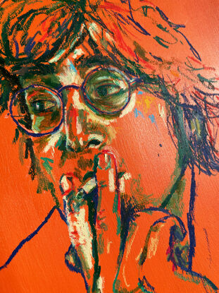 an impressionist sketch of John Lennon smoking a cigarette. Orange background with contrasting greens, blues and yellows. 