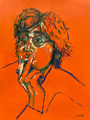 an impressionist sketch of John Lennon smoking a cigarette. Orange background with contrasting greens, blues and yellows. 