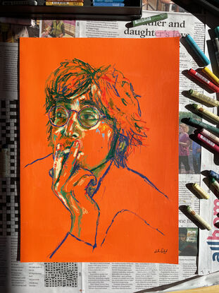 an impressionist sketch of John Lennon smoking a cigarette. Orange background with contrasting greens, blues and yellows. 