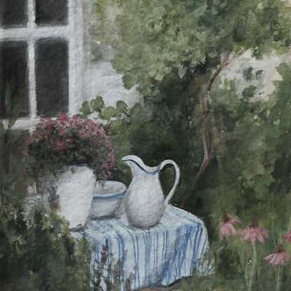 Painting of French courtyard with table set with white and blue tablecloth, surrounded by garden with flowers.