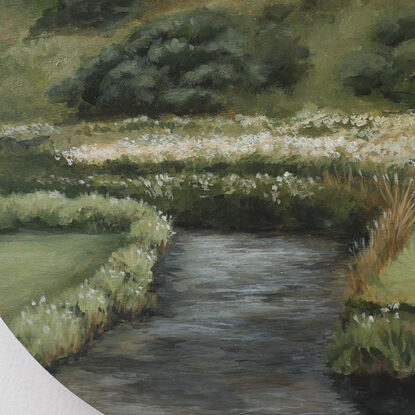 Painting of riverbank with little white wildflowers and hills in the background.