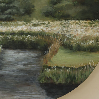 Painting of riverbank with little white wildflowers and hills in the background.