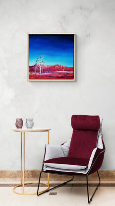 Australian landscape in blues and reds with white ghost gums in the foreground