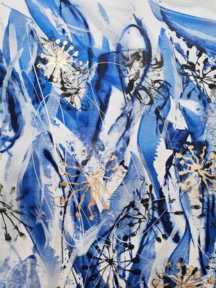 An abstract of Banksia flowers and leaves in delft blue and white with gold leaf.  