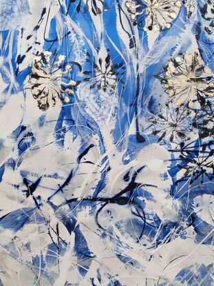 An abstract of Banksia flowers and leaves in delft blue and white with gold leaf.  