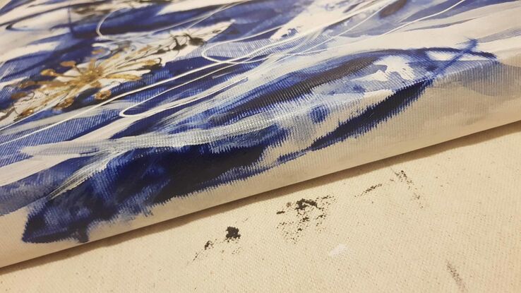 An abstract of Banksia flowers and leaves in delft blue and white with gold leaf.  