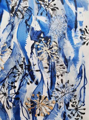 An abstract of Banksia flowers and leaves in delft blue and white with gold leaf.  