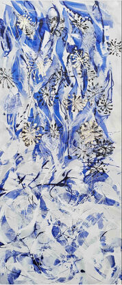 An abstract of Banksia flowers and leaves in delft blue and white with gold leaf.  