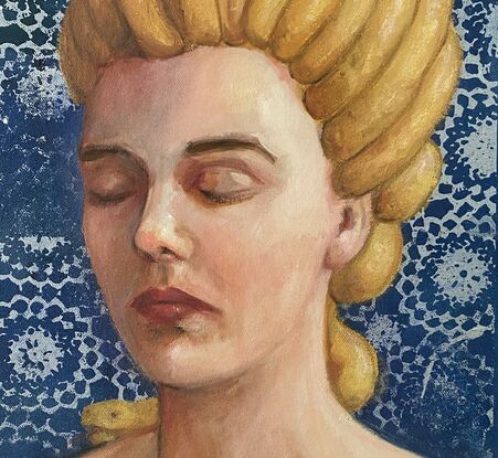 Medusa with her hair in an elaborate golden-coloured updo, with a snake's head peeping out from behind her neck.