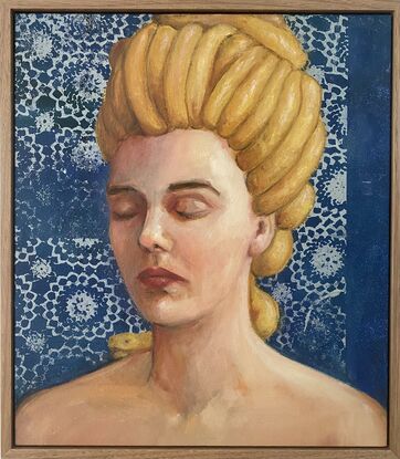 Medusa with her hair in an elaborate golden-coloured updo, with a snake's head peeping out from behind her neck.