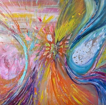 Acrylic mixed with oil pastel and moulding paste to create texture. A bright burst of colour with gold leaf flecks