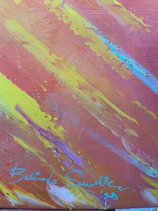 Acrylic mixed with oil pastel and moulding paste to create texture. A bright burst of colour with gold leaf flecks