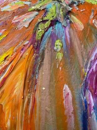 Acrylic mixed with oil pastel and moulding paste to create texture. A bright burst of colour with gold leaf flecks