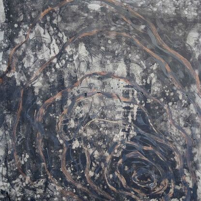 A large painting of a of a rockpool with metallic gold,copper,gunmetal and black and white.