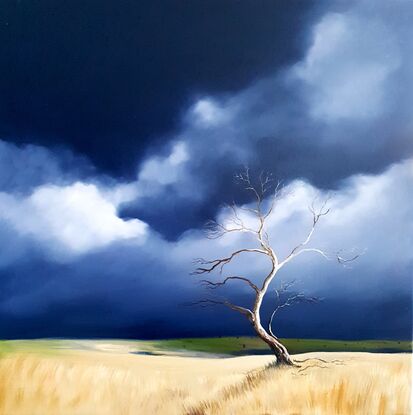 Australian landscape in blues and beige with a stormy sky and old gnarled tree