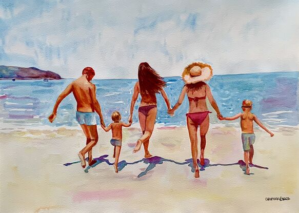 Family run into the sea from the beach.