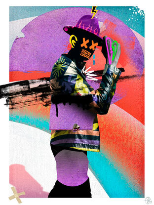 Man with hat, with patterns and street art collage art style. 