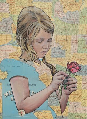 Young girl picking rose on vintage map of Melbourne Victoria. 