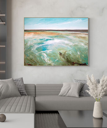 Colourful abstract seascape with rocky mountain outcrop, blue sky, rolling countryside and crisp blue water with texture and mark making.
