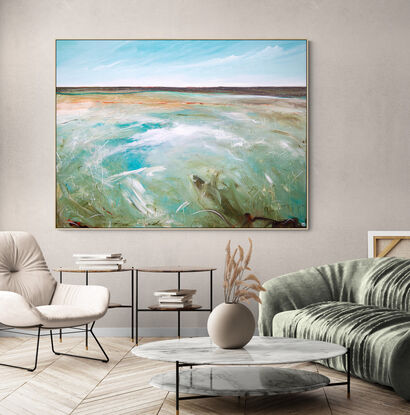 Colourful abstract seascape with rocky mountain outcrop, blue sky, rolling countryside and crisp blue water with texture and mark making.
