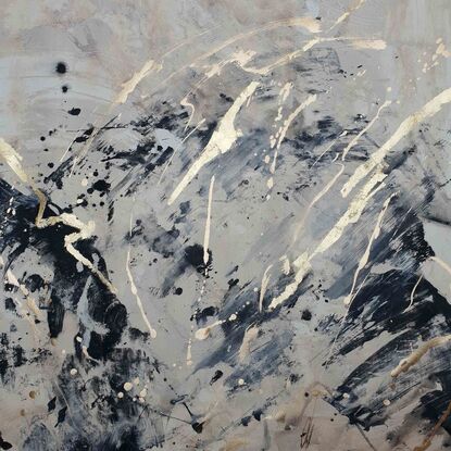 A large abstract landscape of beige, dark brown, black  with gold