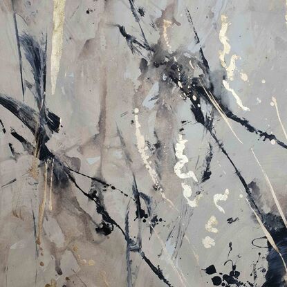 A large abstract landscape of beige, dark brown, black  with gold