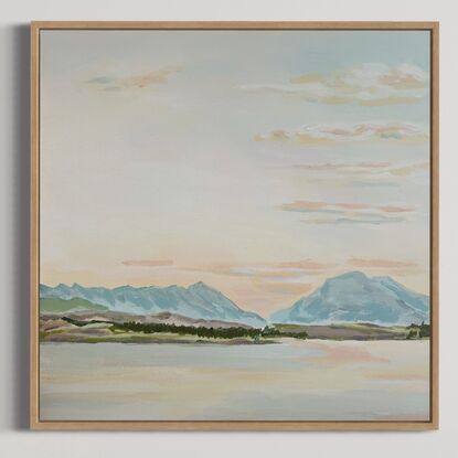 A painting of the sun setting in Queenstown with mountains and a lake in front. 