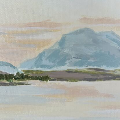 A painting of the sun setting in Queenstown with mountains and a lake in front. 