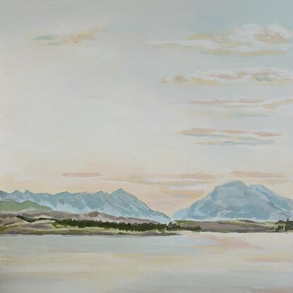 A painting of the sun setting in Queenstown with mountains and a lake in front. 