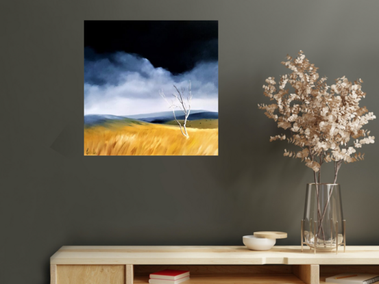 Australian landscape in blues and gold with a stormy sky and old gnarled tree, Victoria's High Country