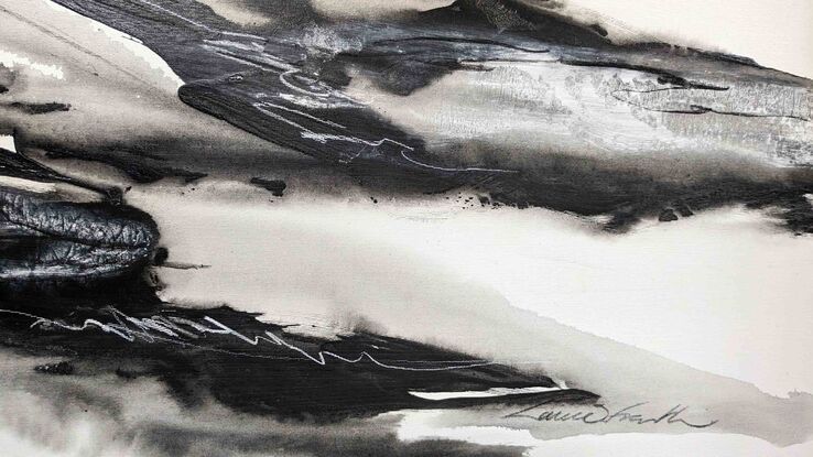 A black and white abstract landscape of mountains and fjords in Iceland