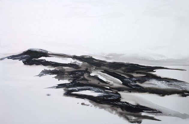 A black and white abstract landscape of mountains and fjords in Iceland