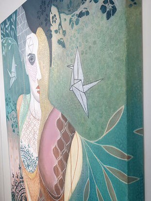 Portrait of lady, oriental, abstract, greens, browns pinks. Surrounded by green botanical patterns using stencils. With Origami birds flying near her face.