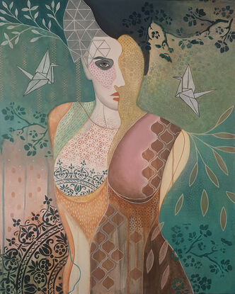 Portrait of lady, oriental, abstract, greens, browns pinks. Surrounded by green botanical patterns using stencils. With Origami birds flying near her face.