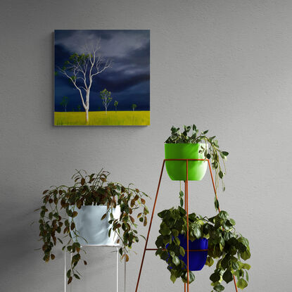 Australian landscape in blues and lime with a stormy sky and a gum tree in the foreground