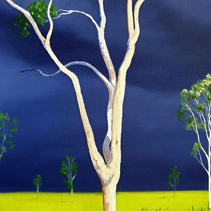 Australian landscape in blues and lime with a stormy sky and a gum tree in the foreground