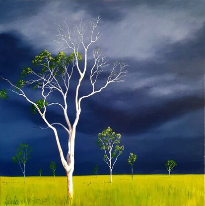 Australian landscape in blues and lime with a stormy sky and a gum tree in the foreground