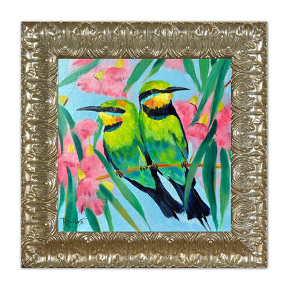 Rainbow bee-eater bird original painting by Irina Redine.  Rainbow bee-eaters couple small artwork framed and ready to hang, gift idea