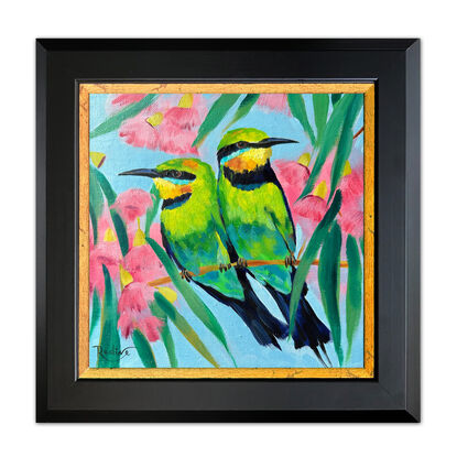 Rainbow bee-eater bird original painting by Irina Redine.  Rainbow bee-eaters couple small artwork framed and ready to hang, gift idea