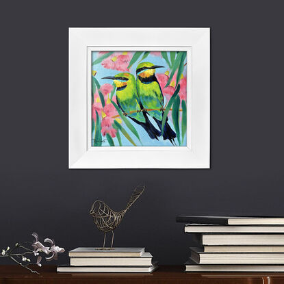 Rainbow bee-eater bird original painting by Irina Redine.  Rainbow bee-eaters couple small artwork framed and ready to hang, gift idea